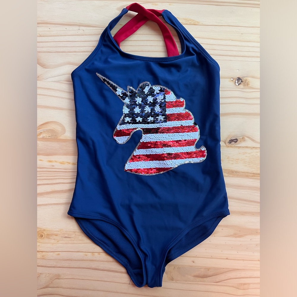 Btween Size 7 Swim One Piece - Navy w/Sequence American Flag Unicorn - Like New
